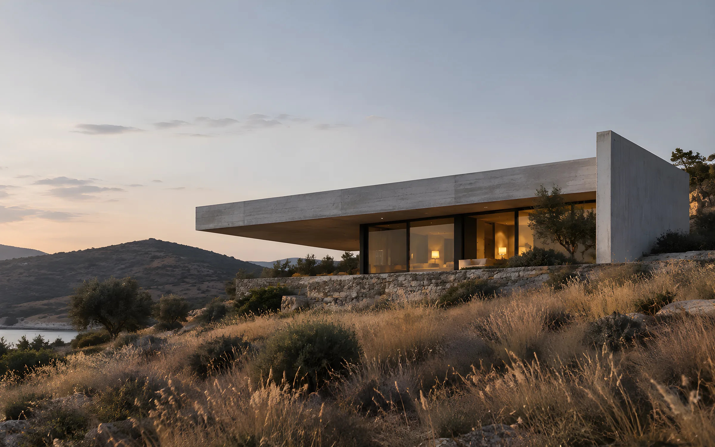 A contemporary concrete and glass house on a hillside overlooking the sea, in late afternoon light.
