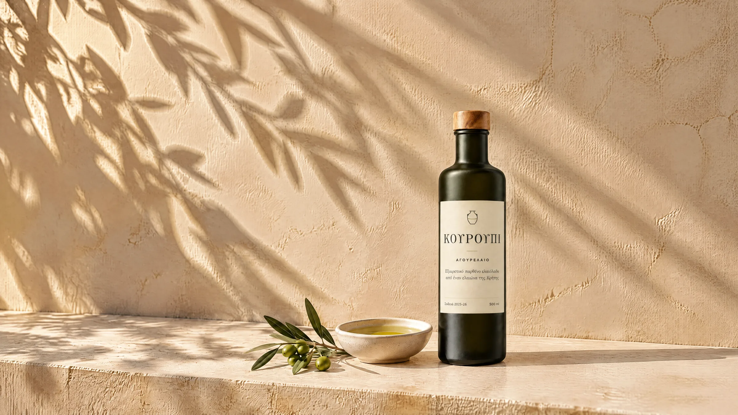 The Kouroupi bottle, dark matte glass with an olive-wood cap and a paper label, on a limestone ledge in the morning sun, beside a small bowl of oil and a sprig of green olives.