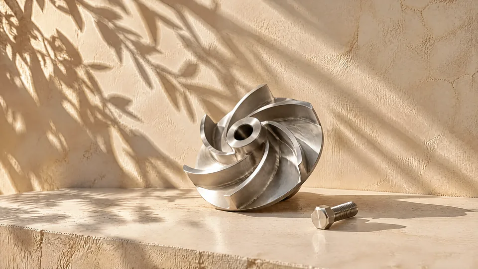 The impeller of a stainless pump on a limestone bench.