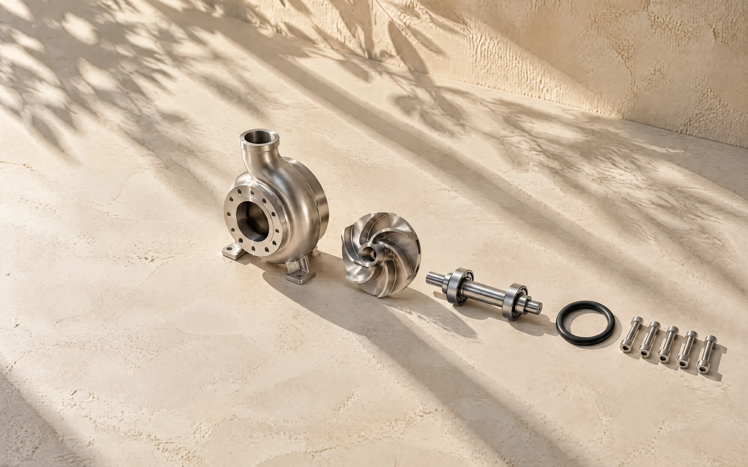 The parts of a stainless pump in a row on a limestone bench: housing, impeller, shaft with bearings, gasket and bolts, with leaf shadows.