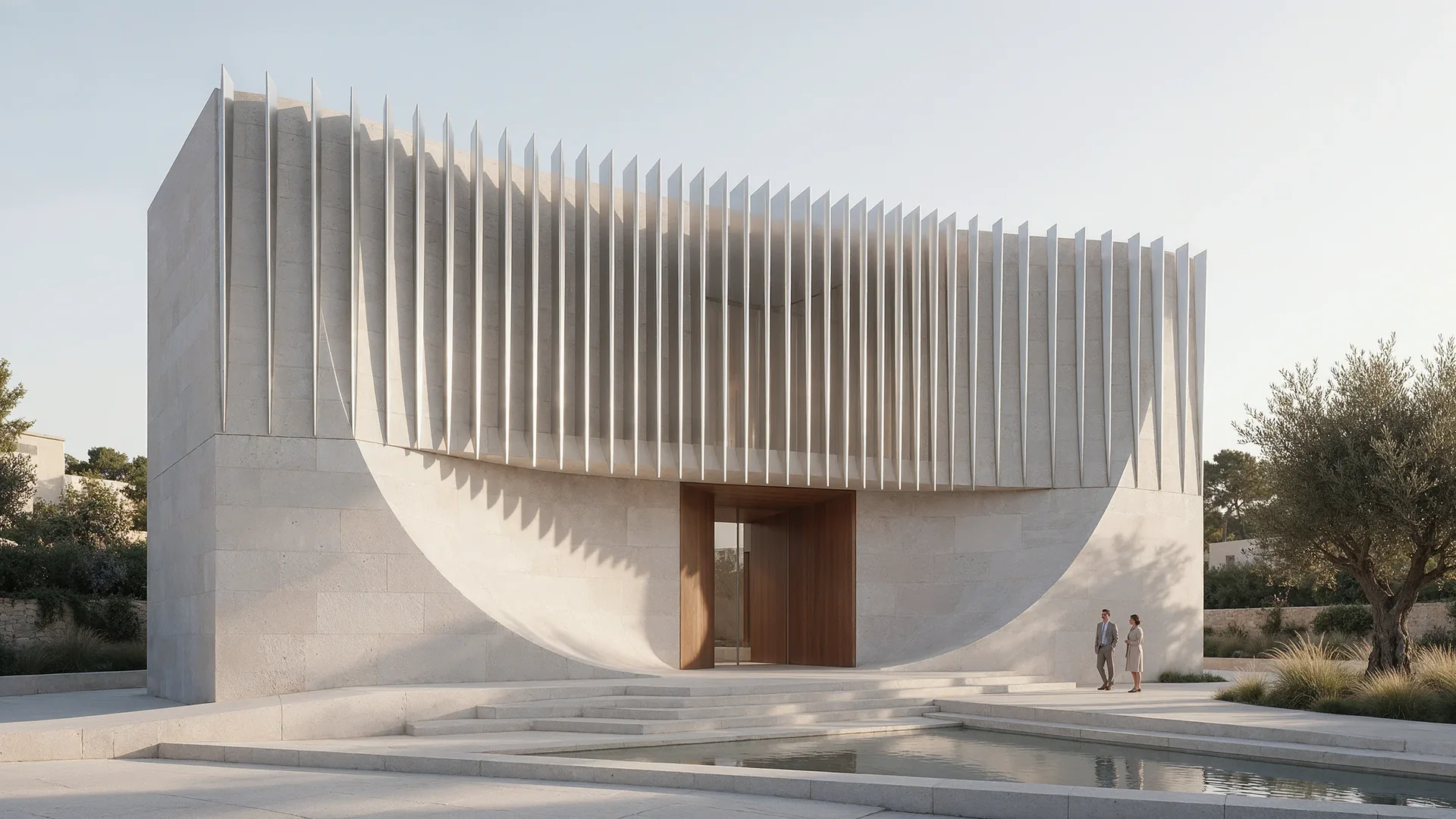 The pavilion's facade: vertical aluminium fins, a curved stone surface, a timber entrance and a pool of water.