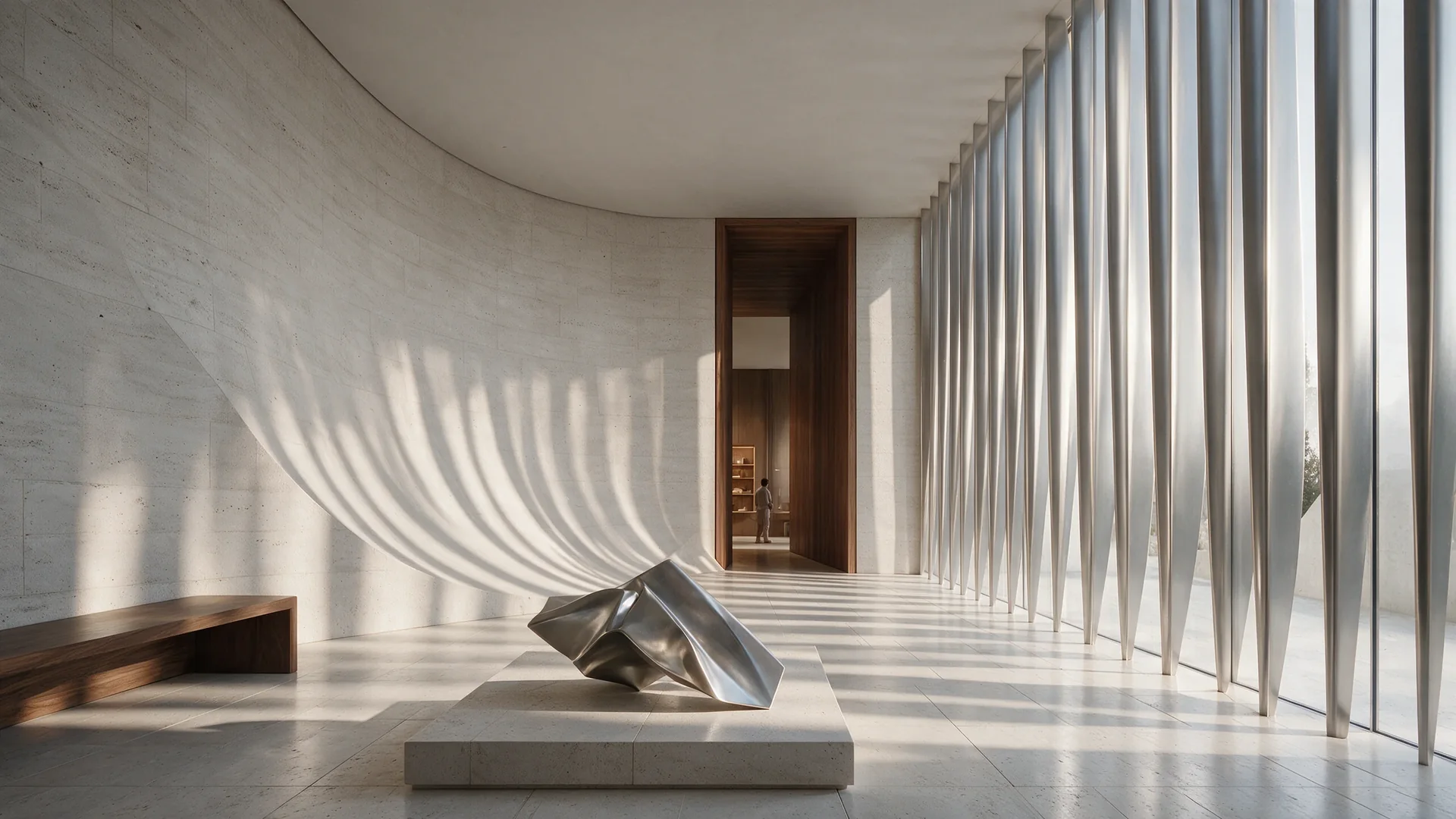 An interior with a curved stone wall, shadows from the fins, a metal sculpture on a low plinth and a timber opening at the back.