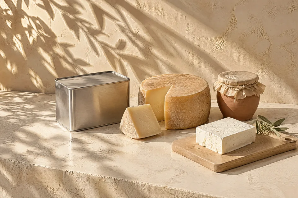 Cheese and yoghurt on a limestone counter.