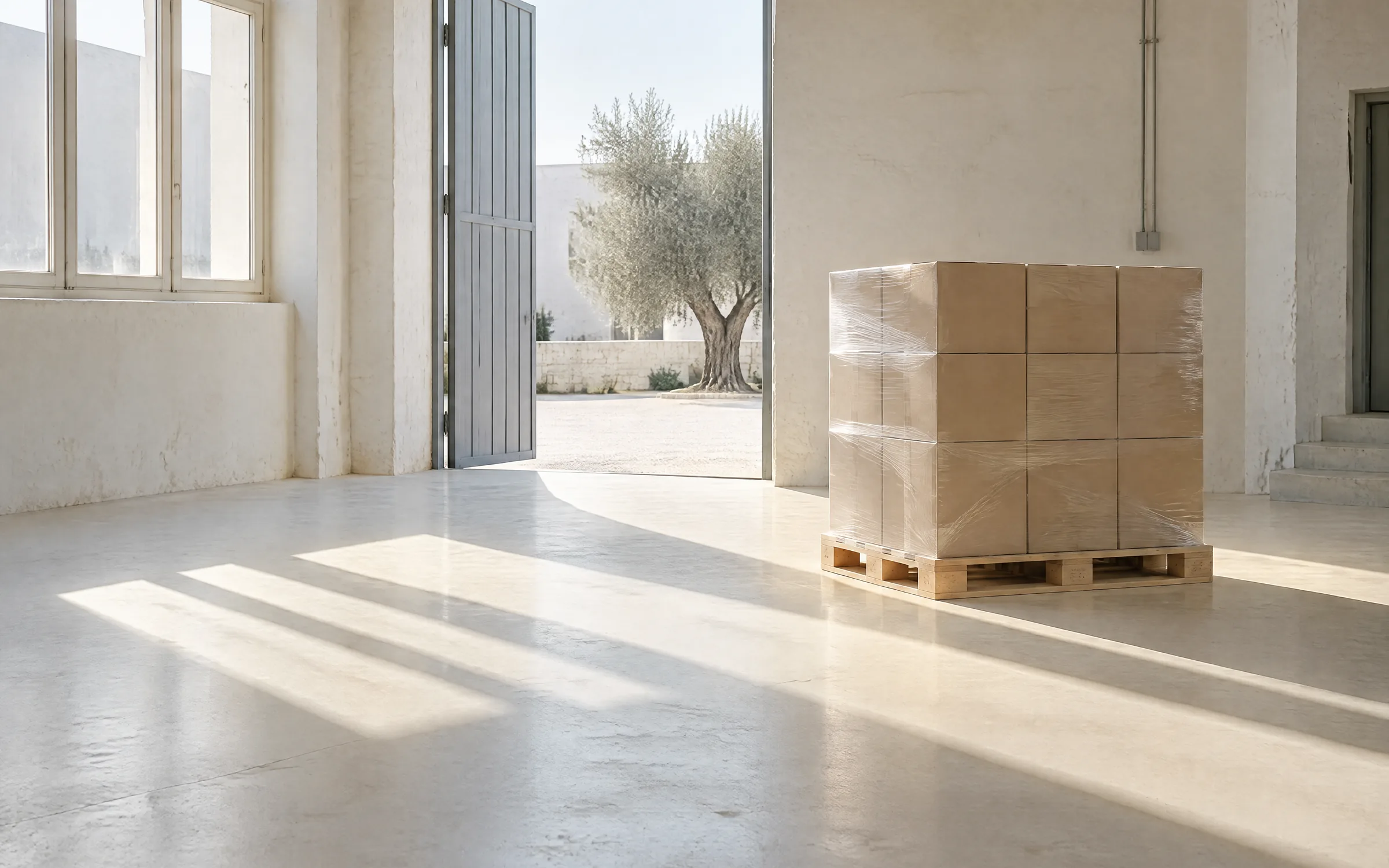 A pallet of cardboard cartons wrapped in clear film, in a bright loading bay with an open door onto a courtyard with an olive tree.