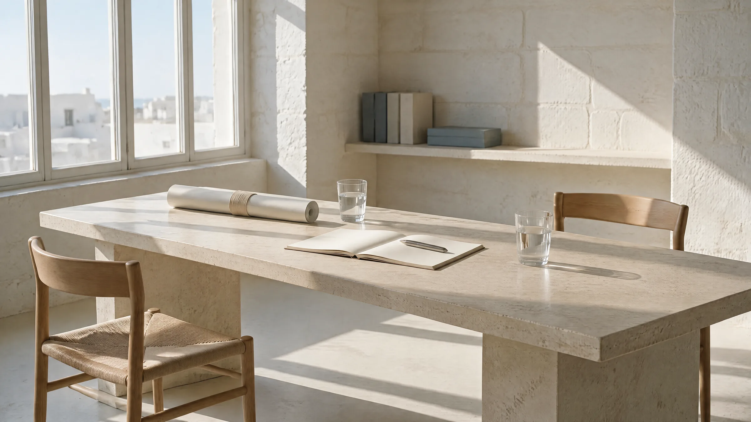 A long limestone table in a bright room: a rolled plan, an open notebook, two glasses of water and two chairs facing each other.
