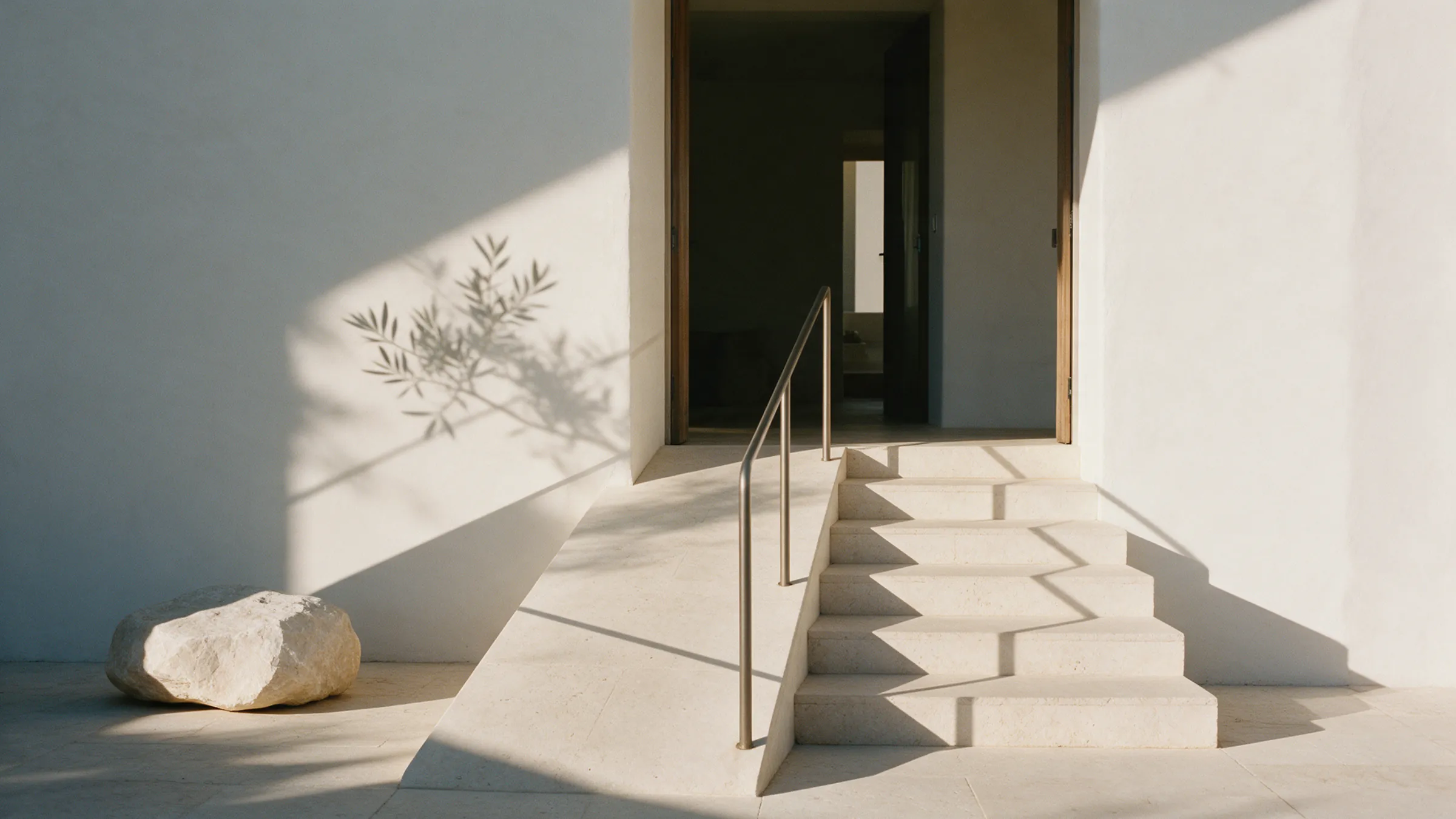 A limestone entrance: a ramp and a flight of steps lead side by side to the same open door, in morning light.